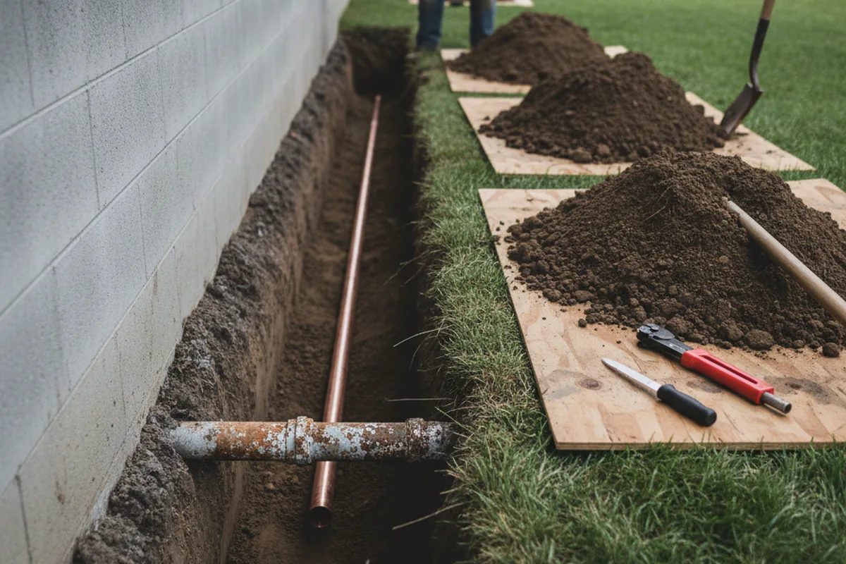 Excavated water line trench during Water Softener Installation in Pershing